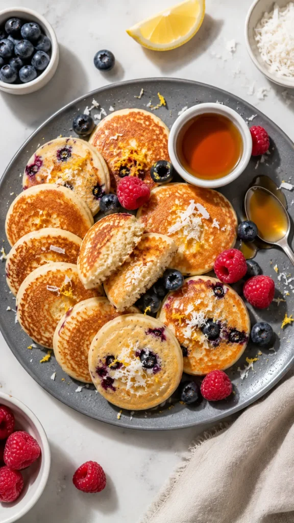 Top-down shot of mini coconut flour pancakes
