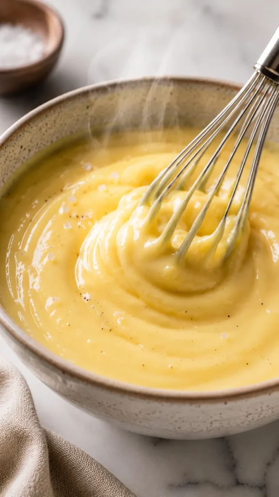 Warm protein custard being gently stirred in a ceramic bowl