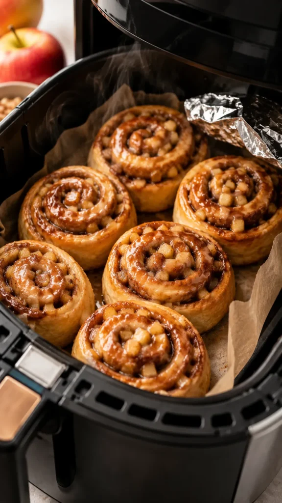 air-fried apple cinnamon rolls resting in the air fryer basket