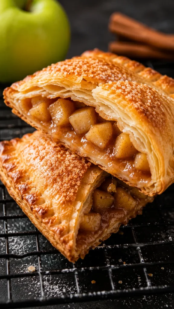 air-fried apple turnover split open on a cooling rack