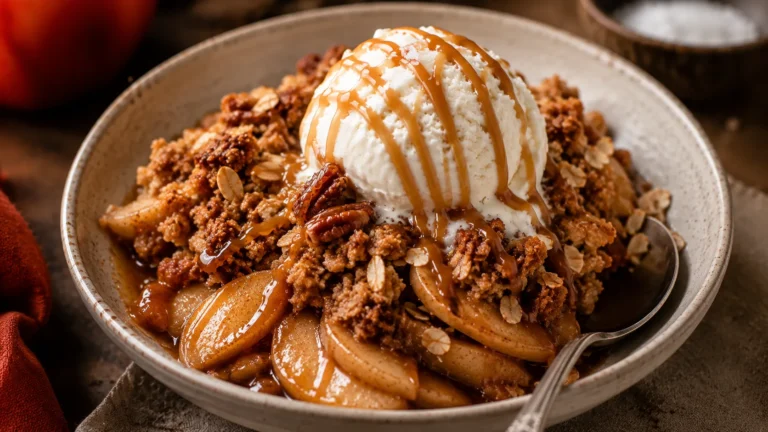 air fryer apple crisp in shallow stoneware bowl