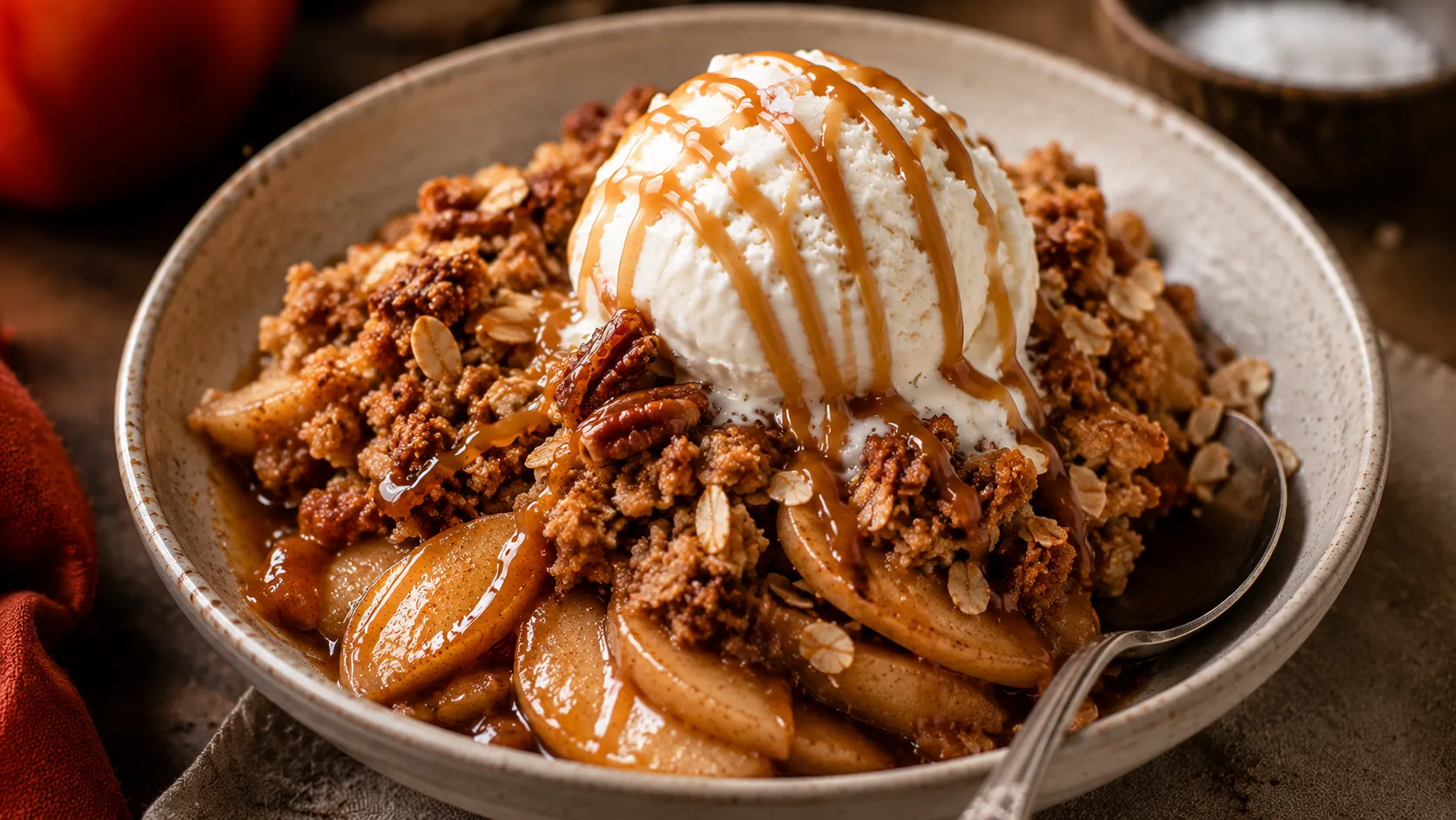 air fryer apple crisp in shallow stoneware bowl