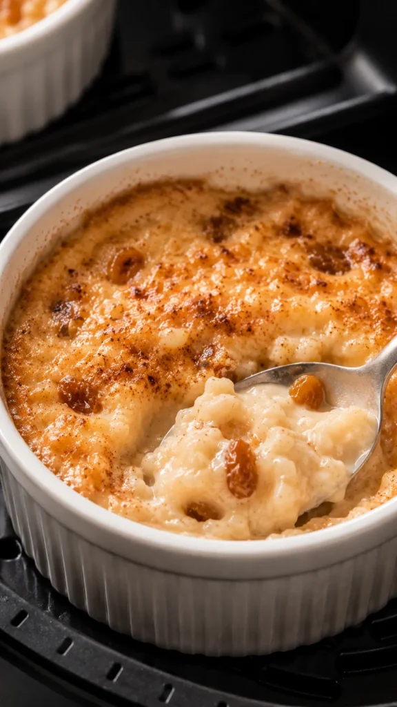 air fryer rice pudding just set in a buttered white ramekin