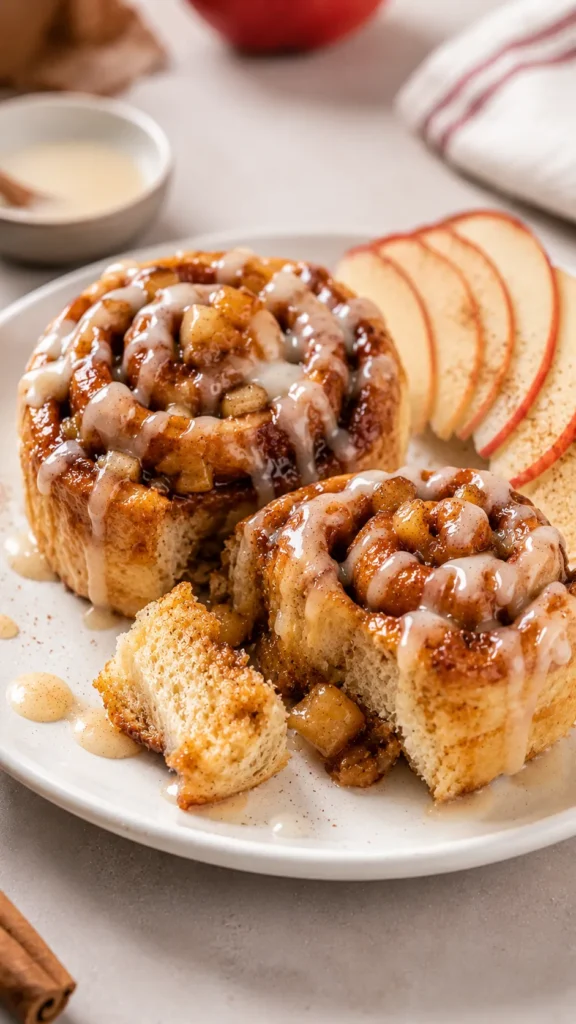 apple cinnamon rolls on a matte white plate