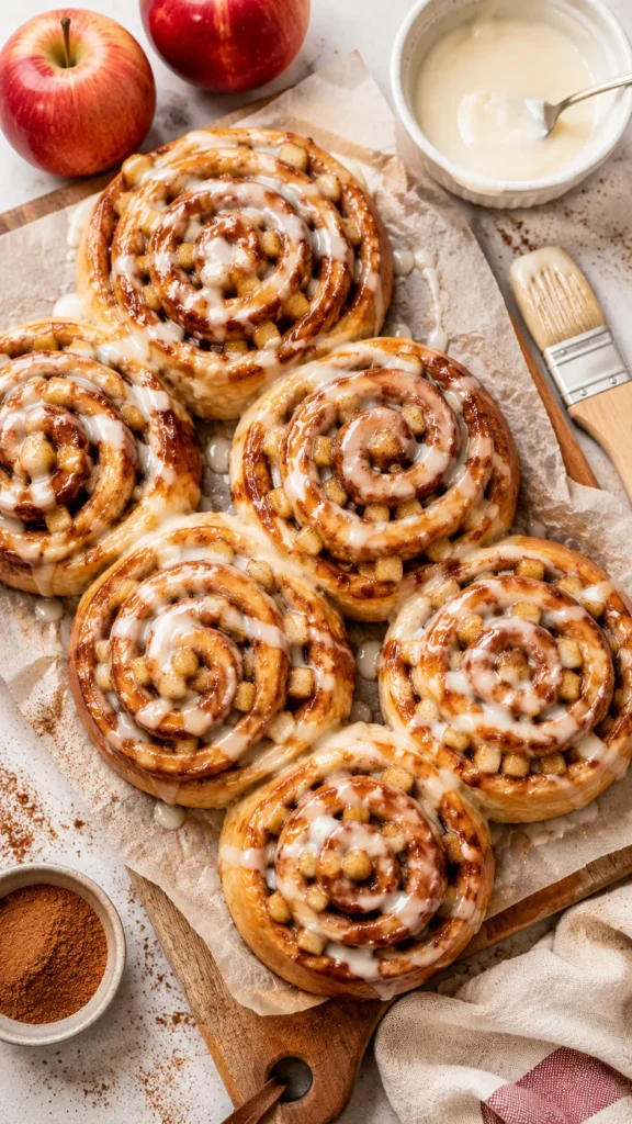 apple cinnamon rolls on a parchment-lined wooden board