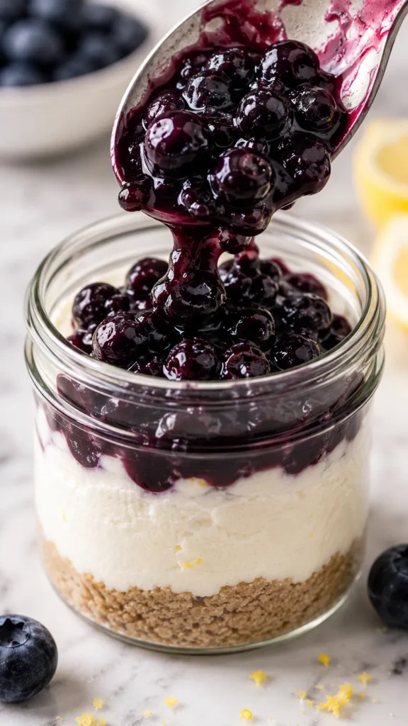  blueberry compote being poured over no-bake cheesecake