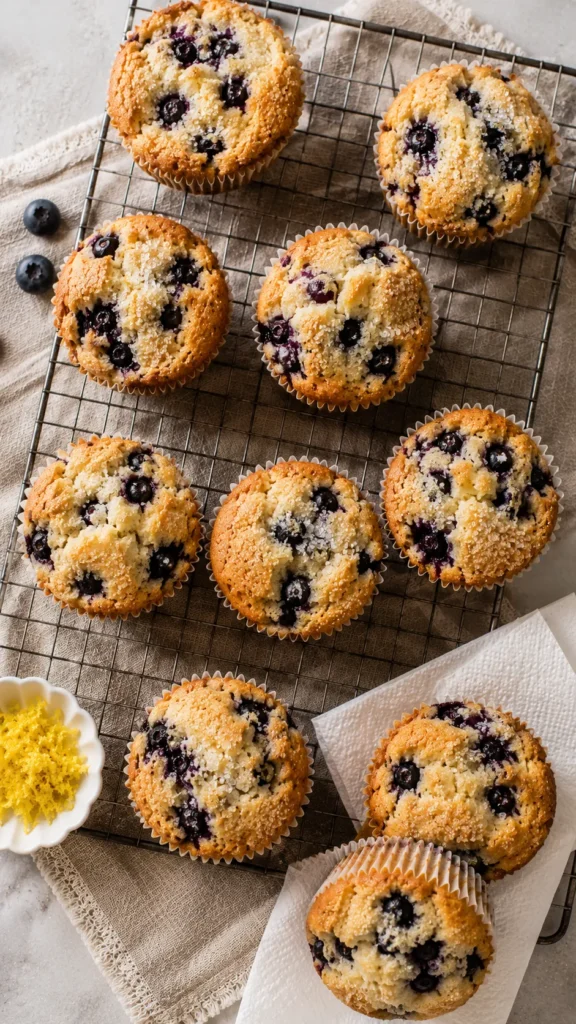 blueberry muffins cooling on a wire rack
