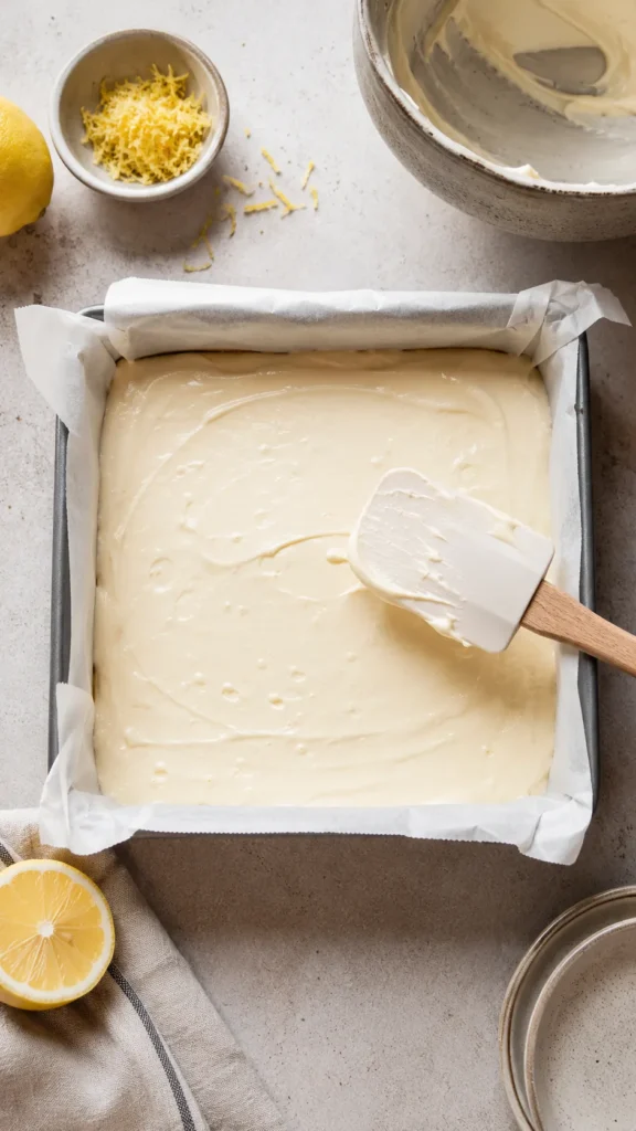 cheesecake filling just poured and smoothed with a spatula