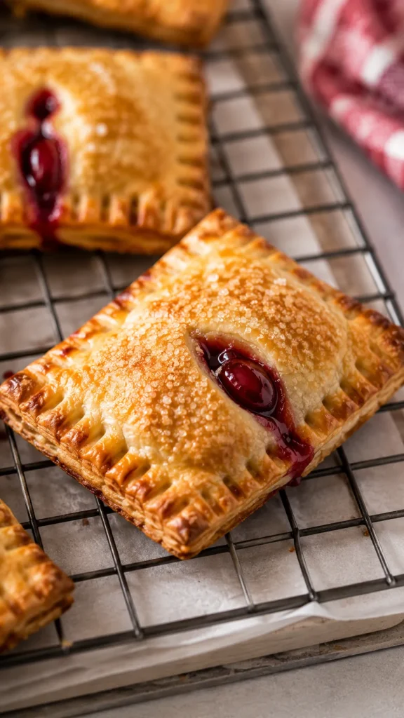 cherry hand pie resting on a wire rack