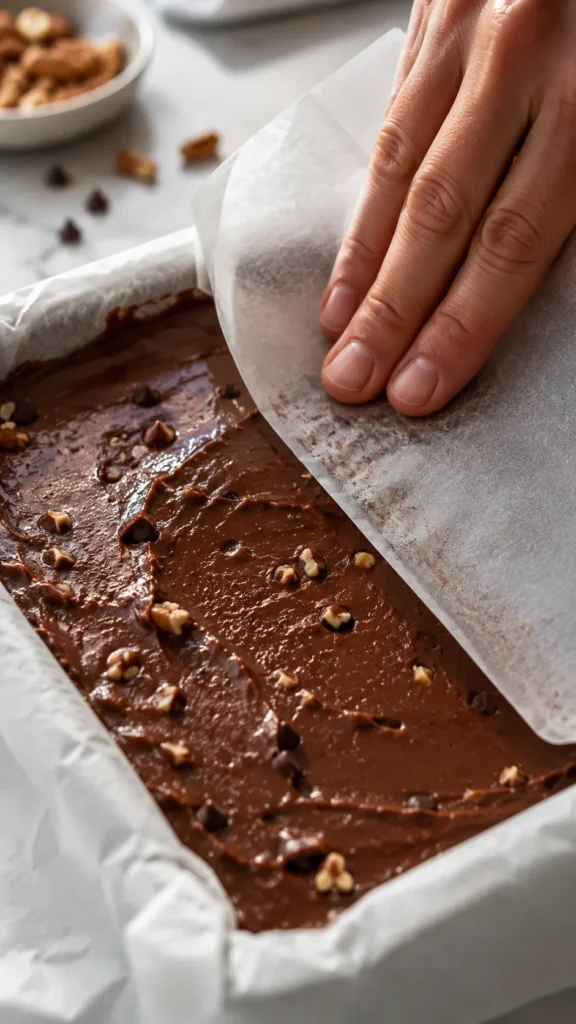 chocolate protein fudge being pressed smooth