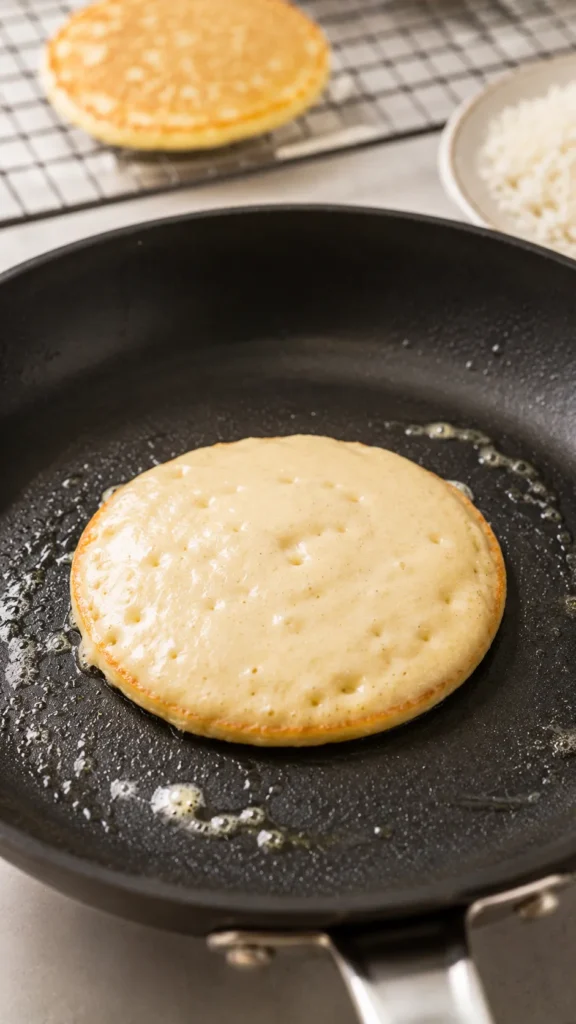 coconut flour pancake mid-cook on a nonstick skillet
