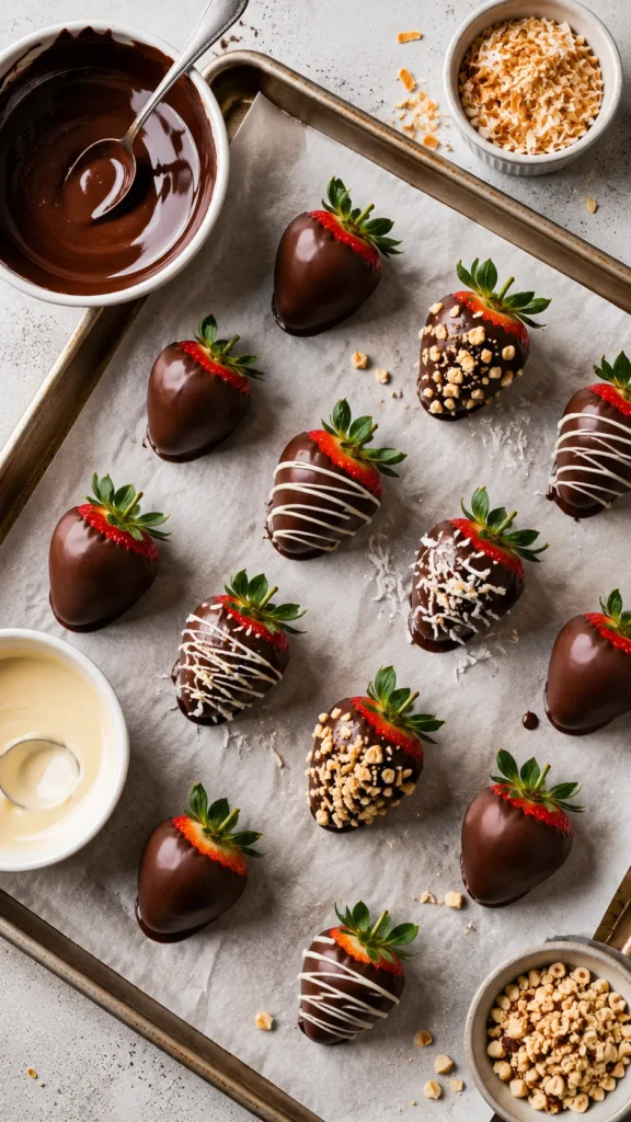 dipped strawberries being arranged on a parchment-lined baking sheet