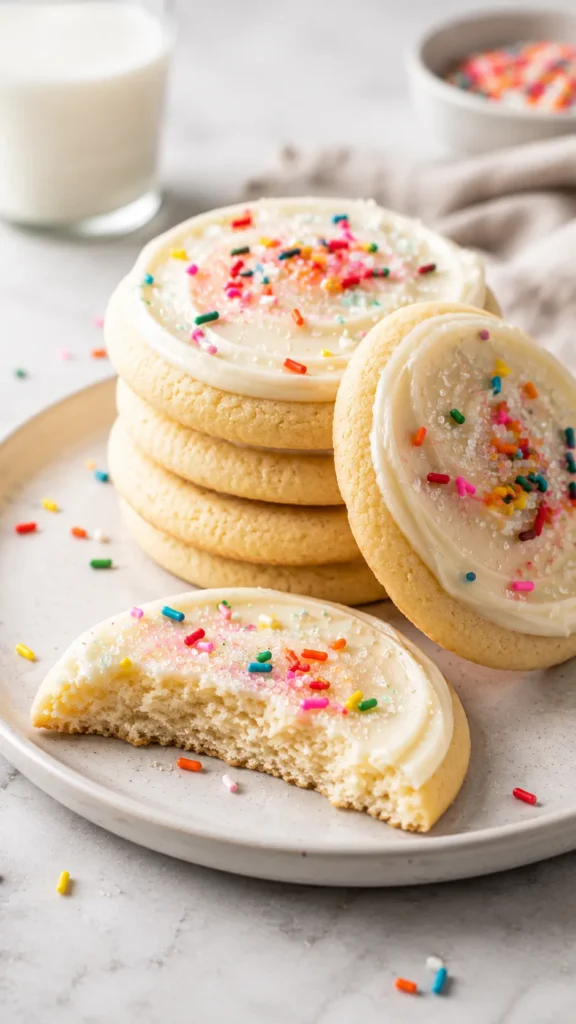 frosted sugar cookies on a matte white plate