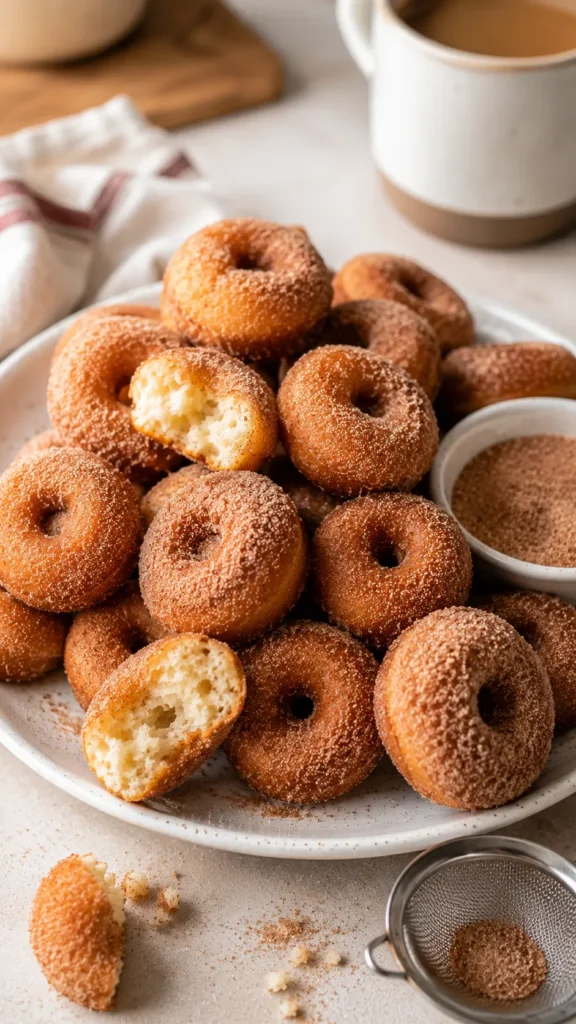 heaping plate of cinnamon-sugar–coated air fryer mini donut muffin
