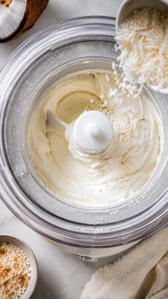 ice cream base mid-churn in an ice cream maker