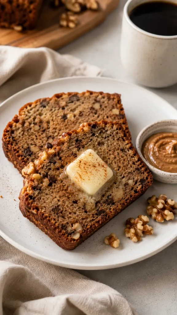 keto banana bread slices on a matte white plate