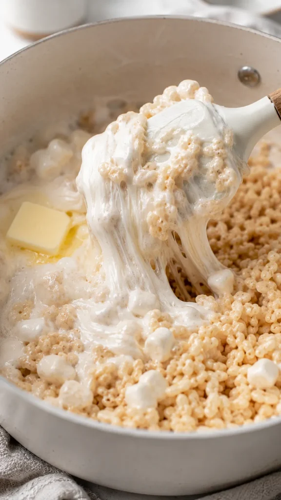 melted marshmallow and butter being folded into crispy rice cereal