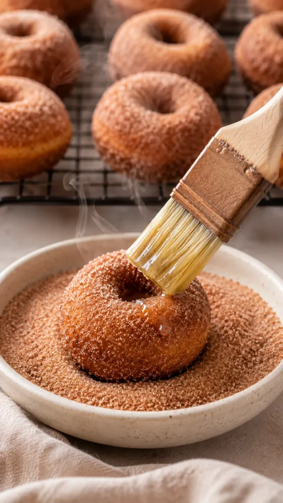 mini donut muffin being brushed with melted butter