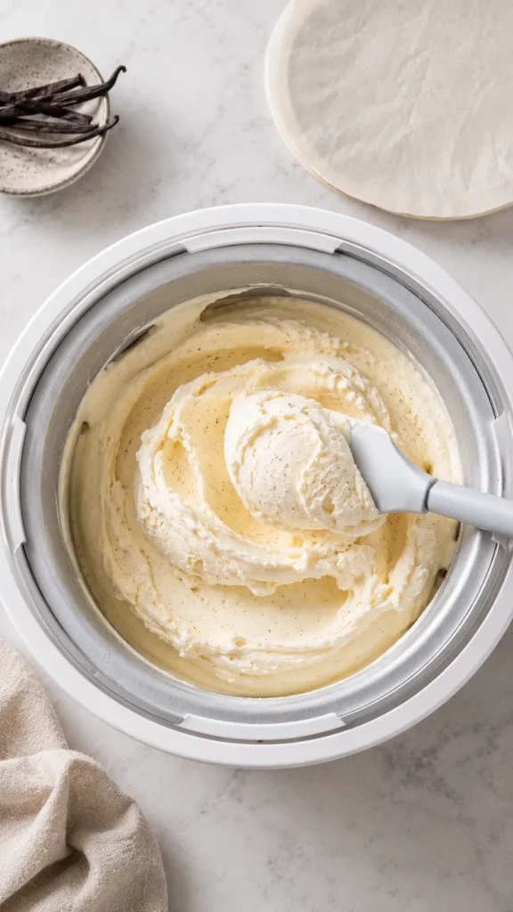 overhead view of freshly churned sugar-free vanilla ice cream