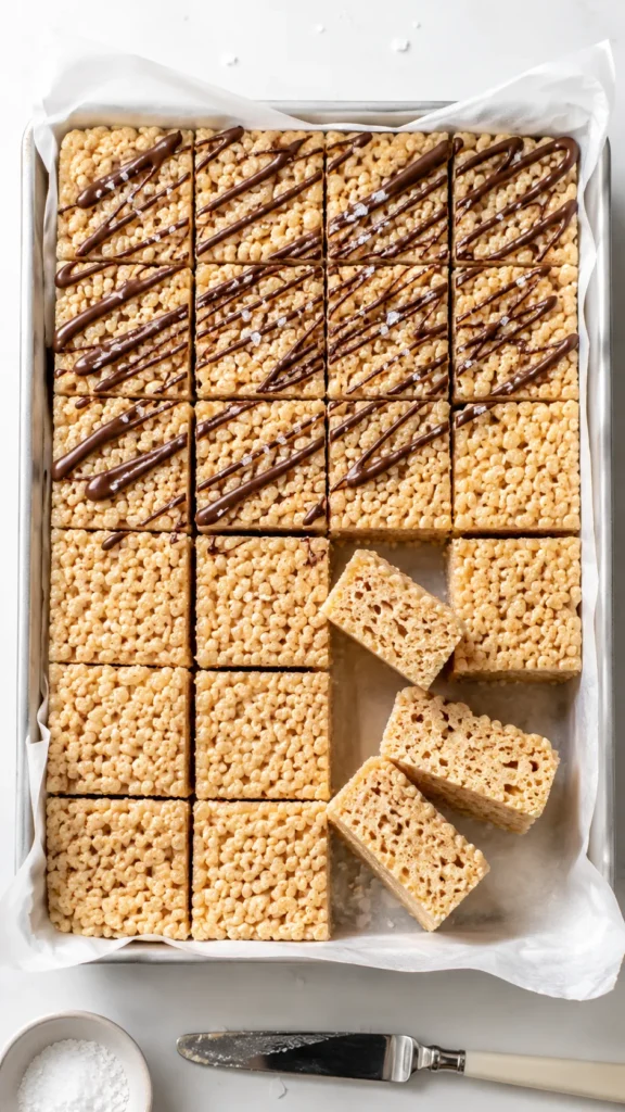 pan of set Rice Krispie treats