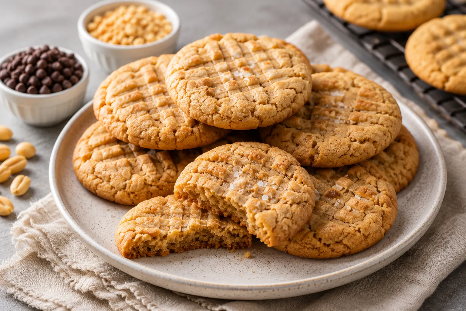 plate of stacked peanut butter cookies