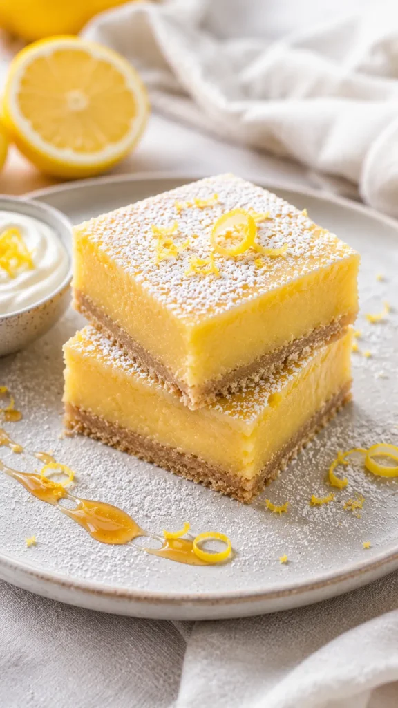 plate with two stacked high protein lemon bars