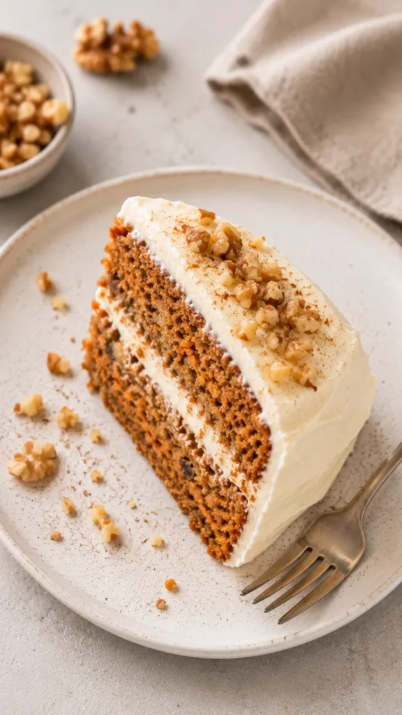 plated slice of keto carrot cake with rich cream