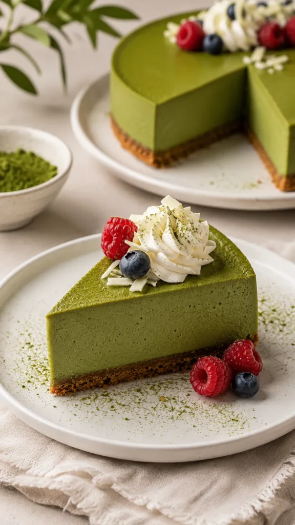 plated wedge of matcha cheesecake