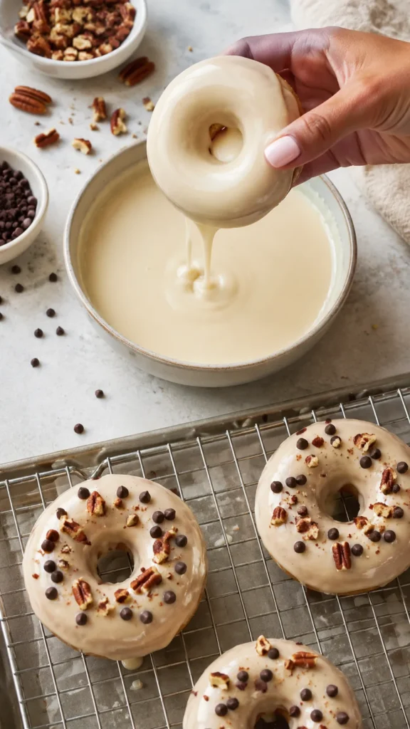 protein donuts being dipped into vanilla