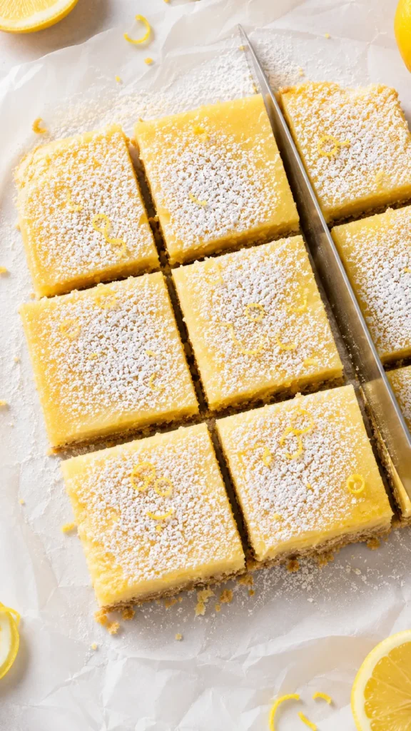 protein lemon bars cut into neat squares on parchment