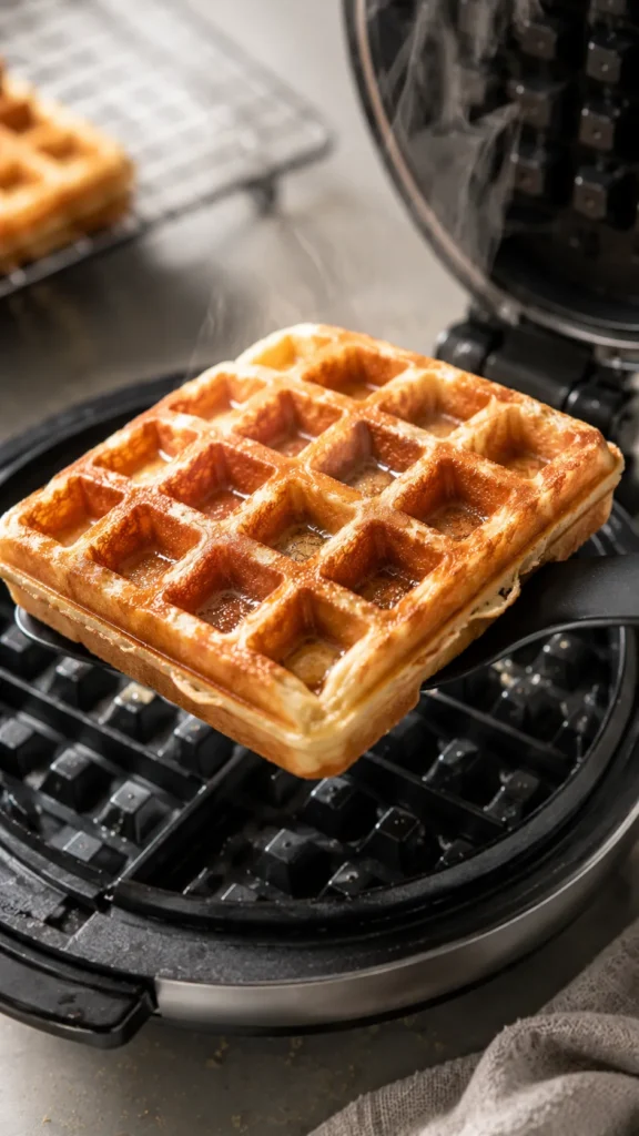 protein waffle just lifted from a waffle iron