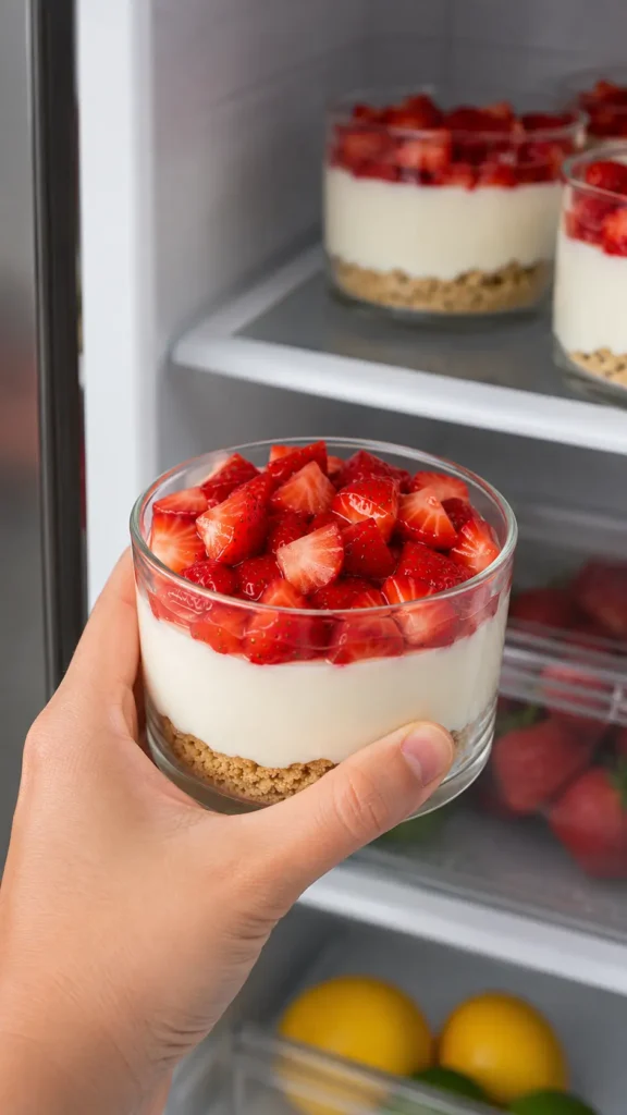putting strwberry chesse cake cup in the fridge