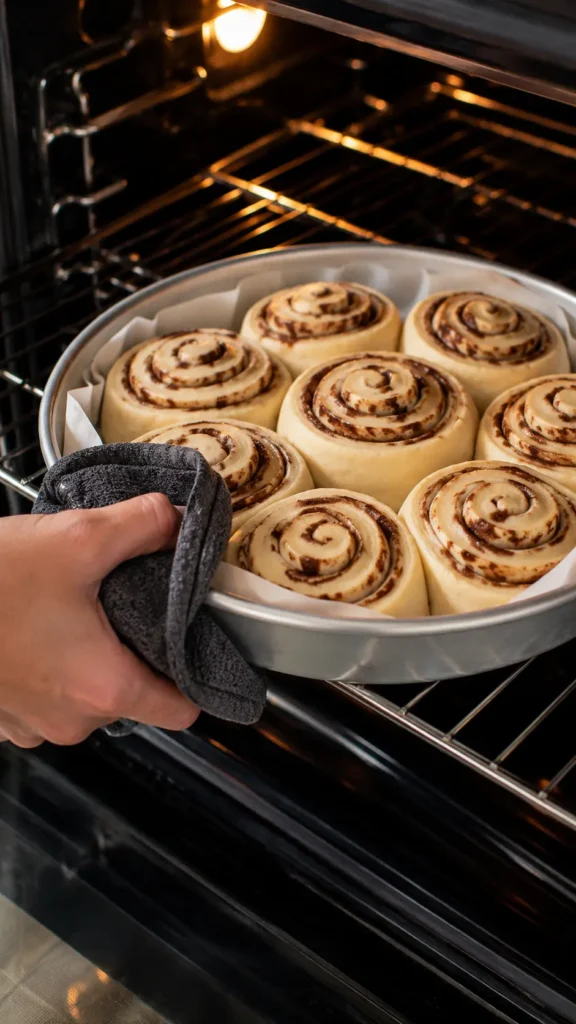 putting the cinamon rolls in to oven