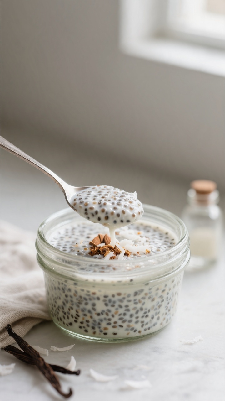 Close-up detail: A chilled jar of no-sugar chia seed pudding just set, spoon dipped in to reveal thi
