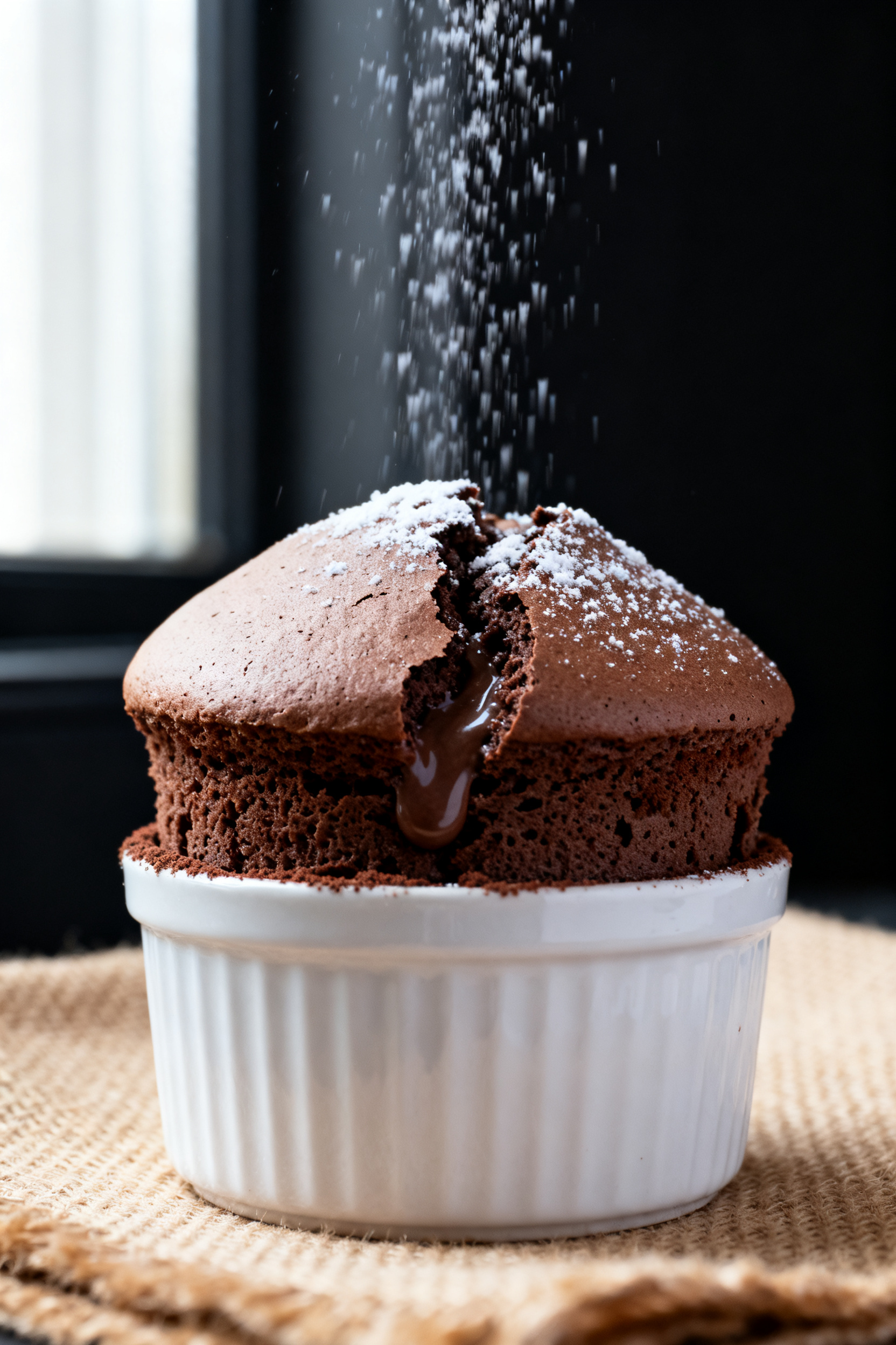 Close-up detail: A freshly baked keto chocolate soufflé just out of the oven, towering above the ra
