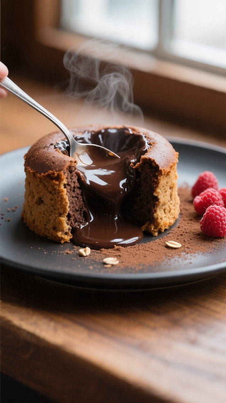 Close-up detail: A freshly baked protein lava cake just split open with a spoon to reveal a glossy,