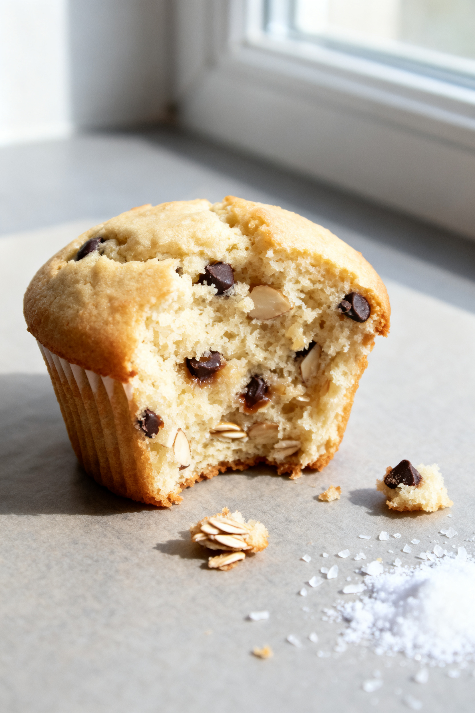 Close-up detail: A freshly baked vanilla protein cupcake torn open to reveal a soft, tender crumb wi