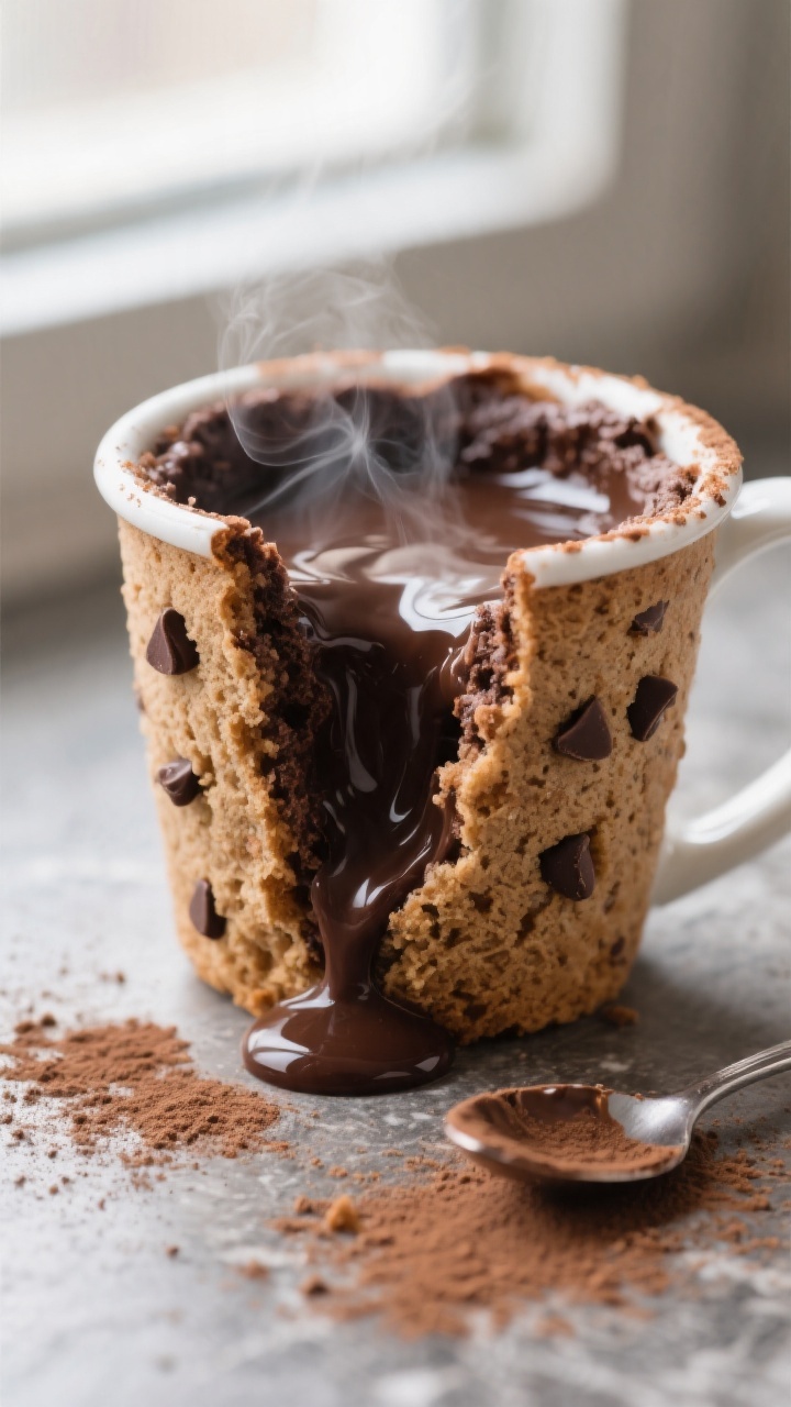 Close-up detail: A freshly microwaved chocolate protein mug cake split open to reveal a gooey molten