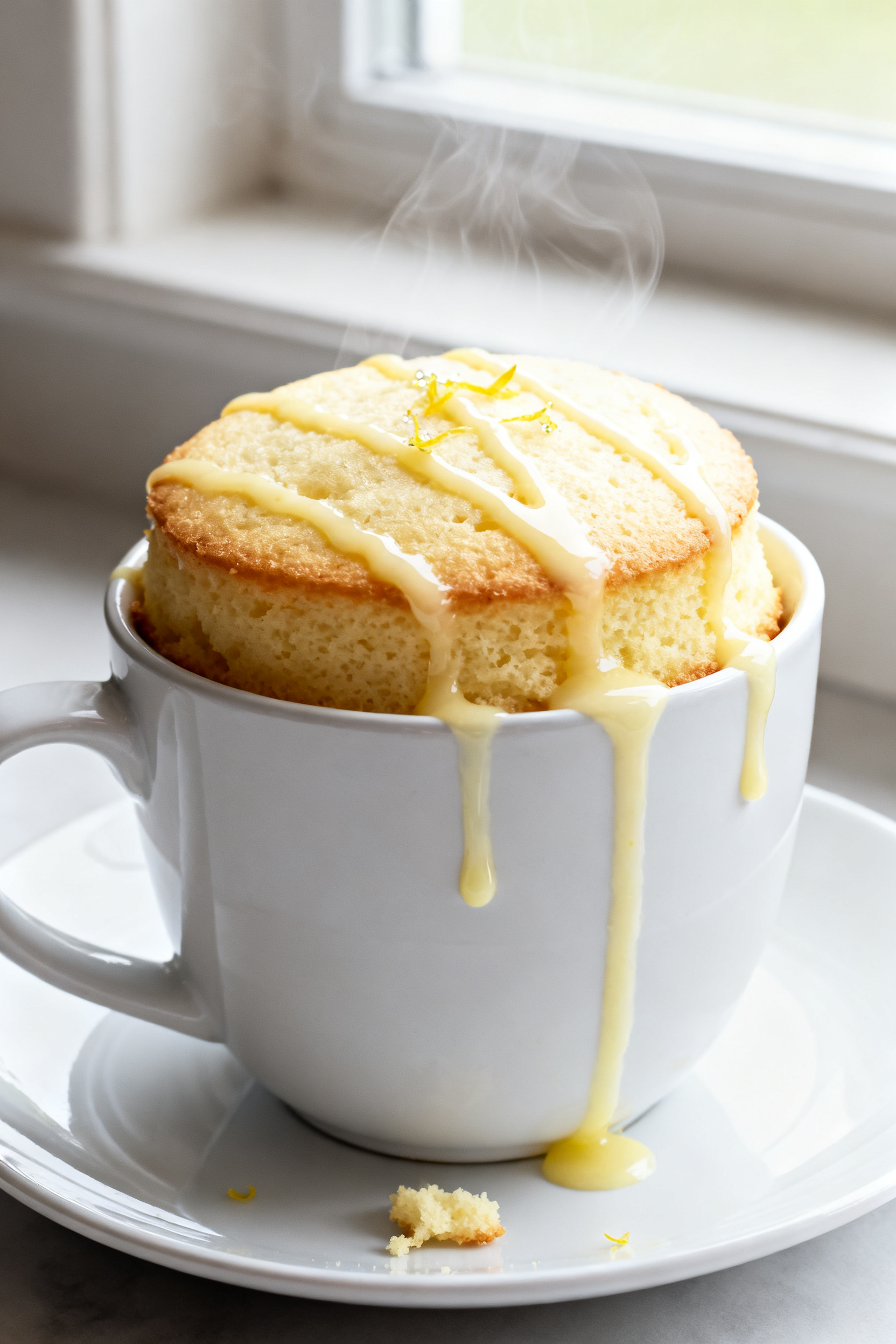 Close-up detail: A freshly microwaved keto lemon mug cake in a wide white ceramic mug, the domed sur