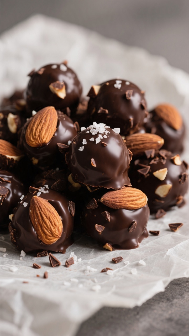 Close-up detail: A glossy mound of dark chocolate almond clusters just set on parchment, each golf-b