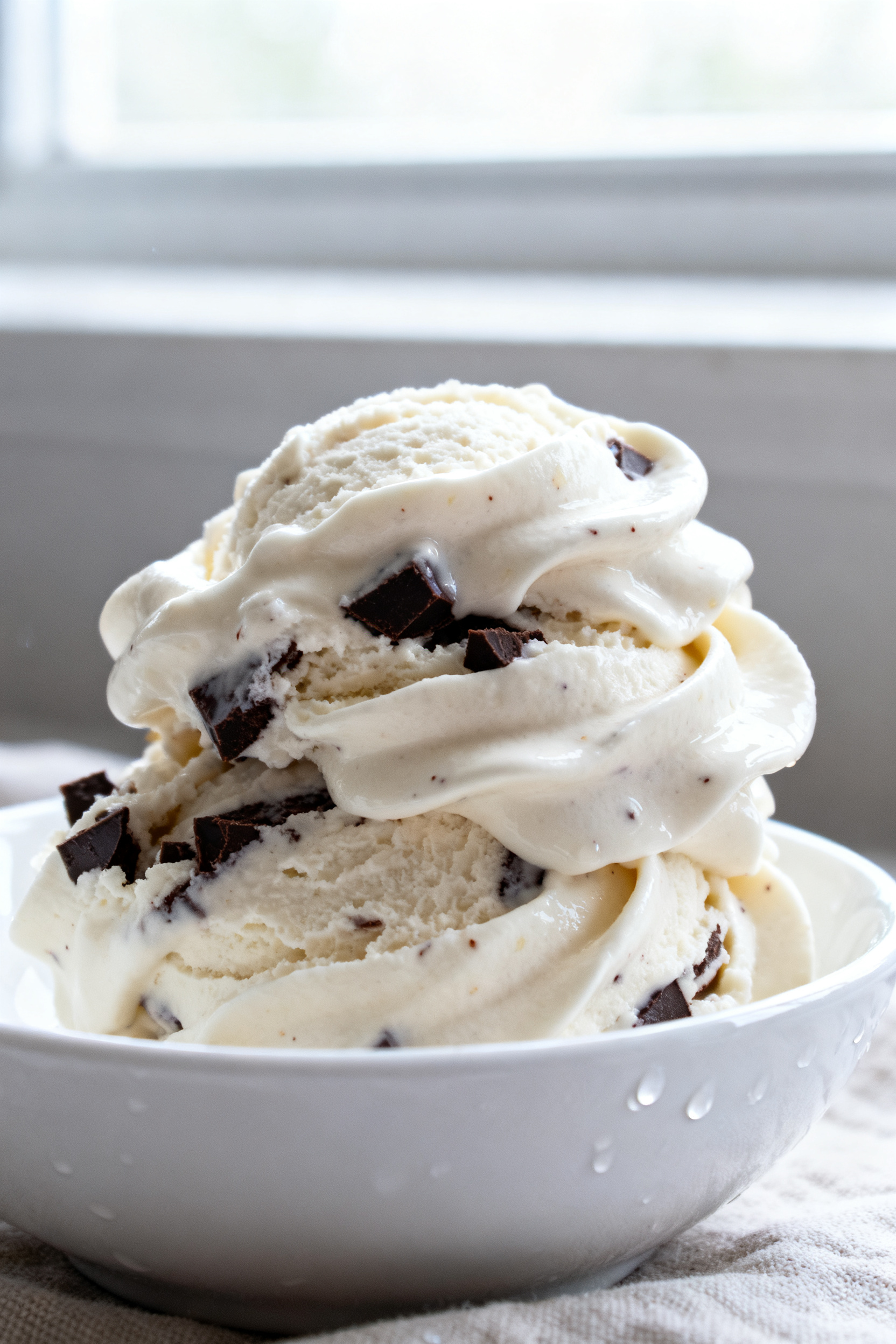 Close-up detail: A heaping scoop of high protein frozen yogurt just churned to soft-serve consistenc