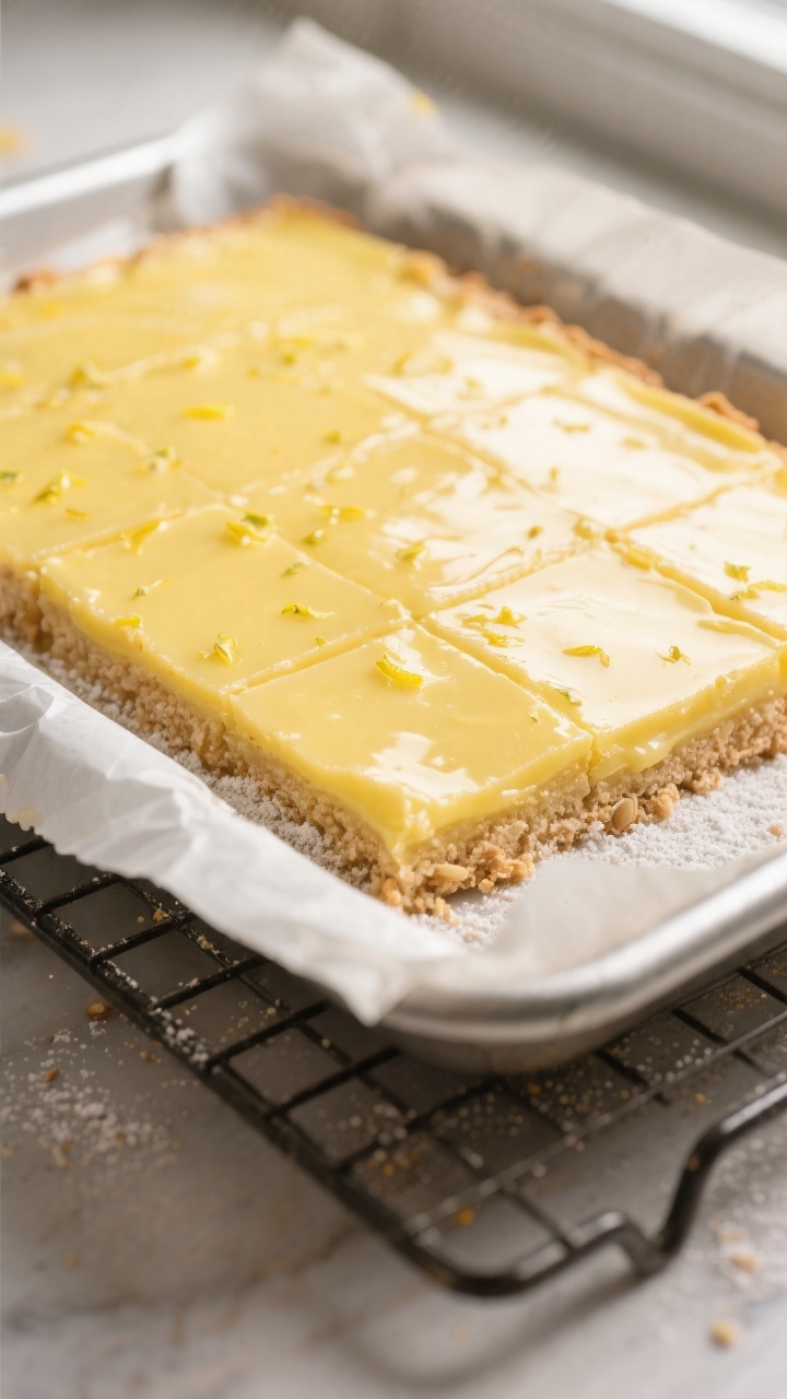 Close-up detail: A just-baked pan of sugar-free lemon bars cooling on a wire rack, silky lemon filli