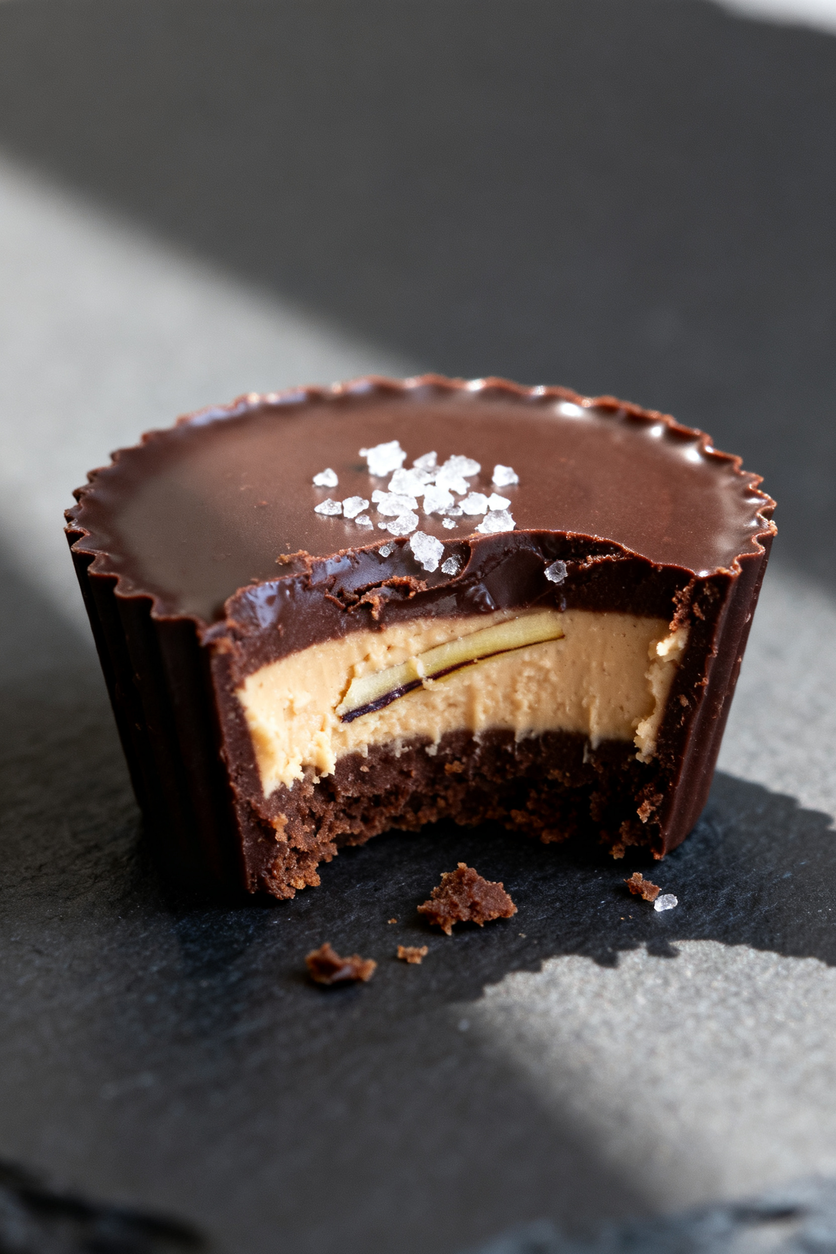 Close-up detail: A just-unwrapped Keto Almond Butter Cup with a clean bite taken out, revealing dist