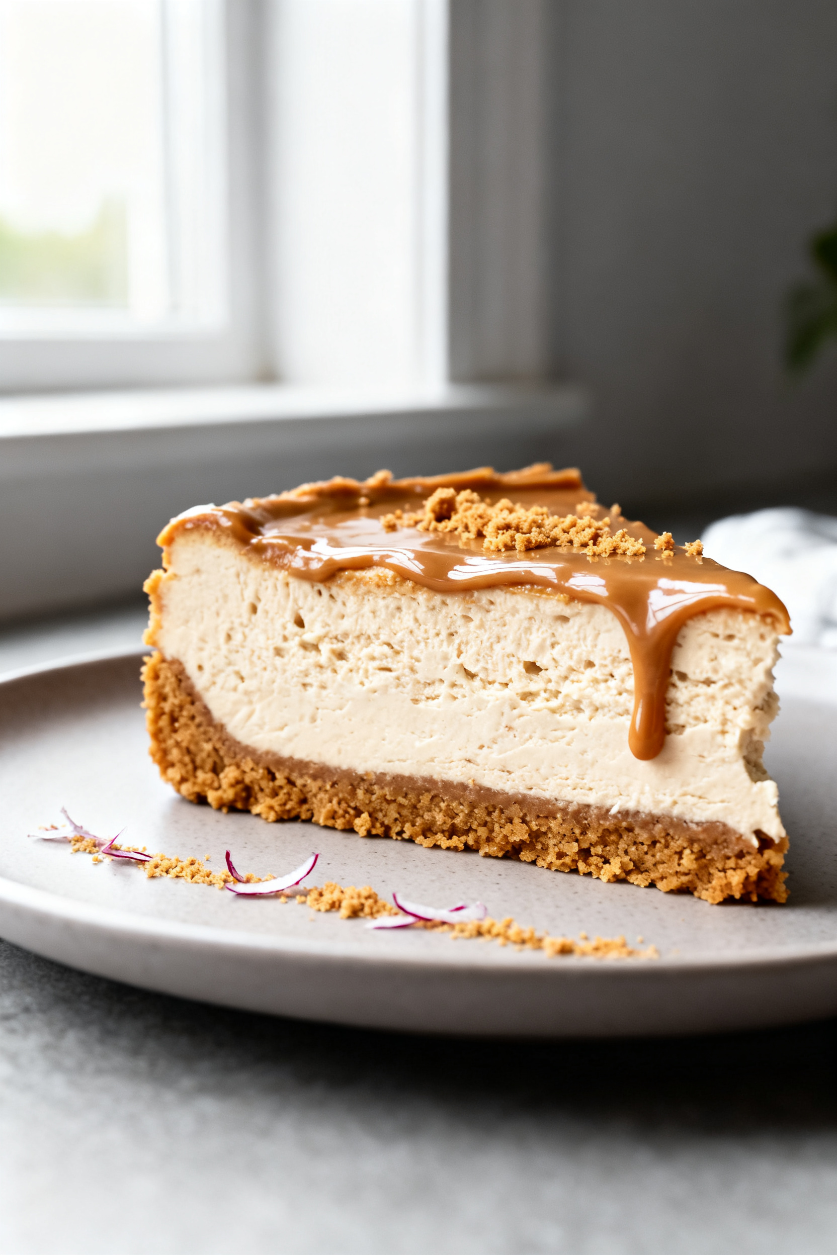 Close-up detail: A slice of no-bake Biscoff cheesecake just cut, showing the tight, golden Biscoff c