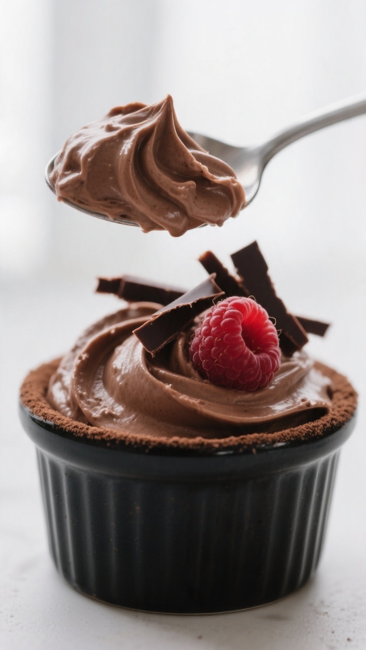 Close-up detail: A spoonful of chilled sugar-free chocolate avocado mousse being lifted from a matte