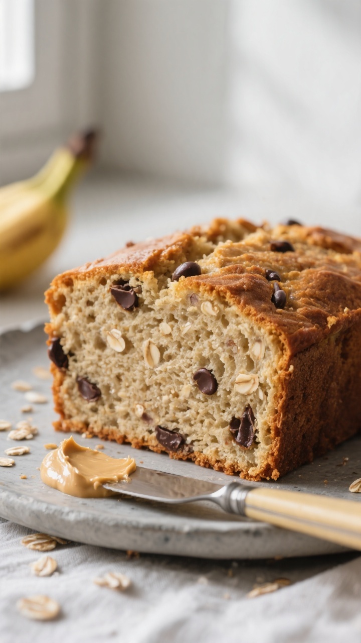 Close-up detail: A thick, just-sliced piece of high protein banana bread with a tender, moist crumb