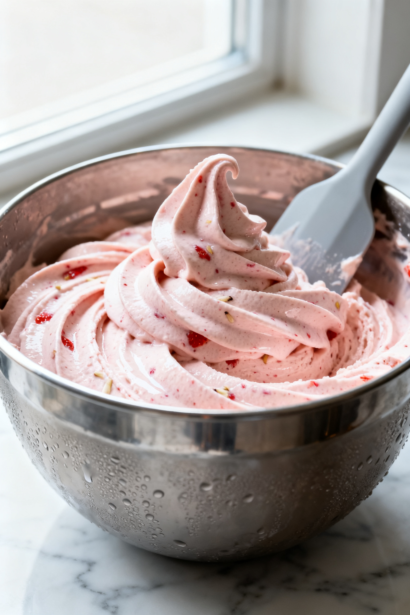 Close-up detail: Creamy high-protein strawberry ice cream in soft-serve stage just after blending, s