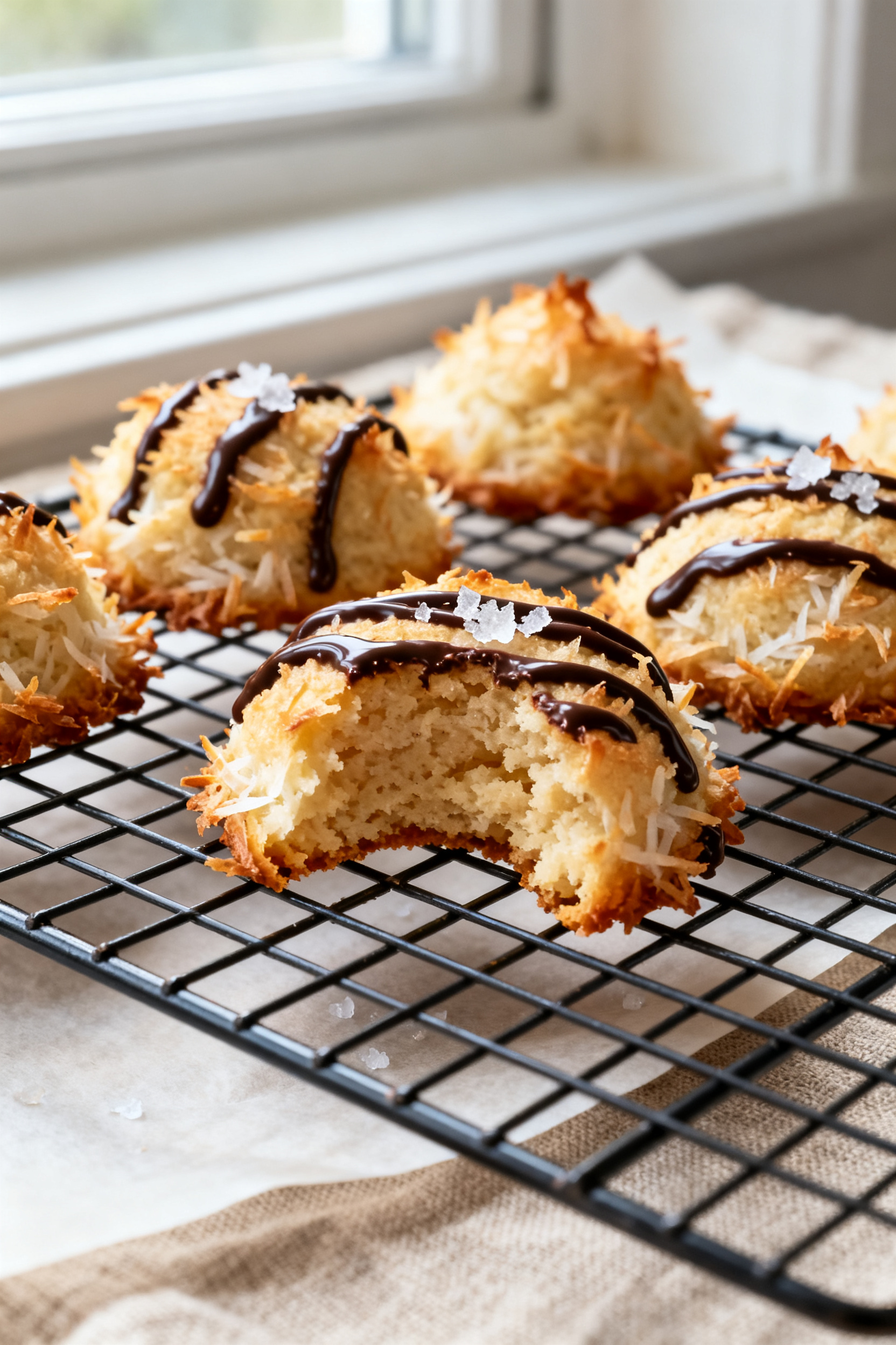 Close-up detail: Freshly baked protein macaroons cooling on a wire rack, edges and tips lightly gold