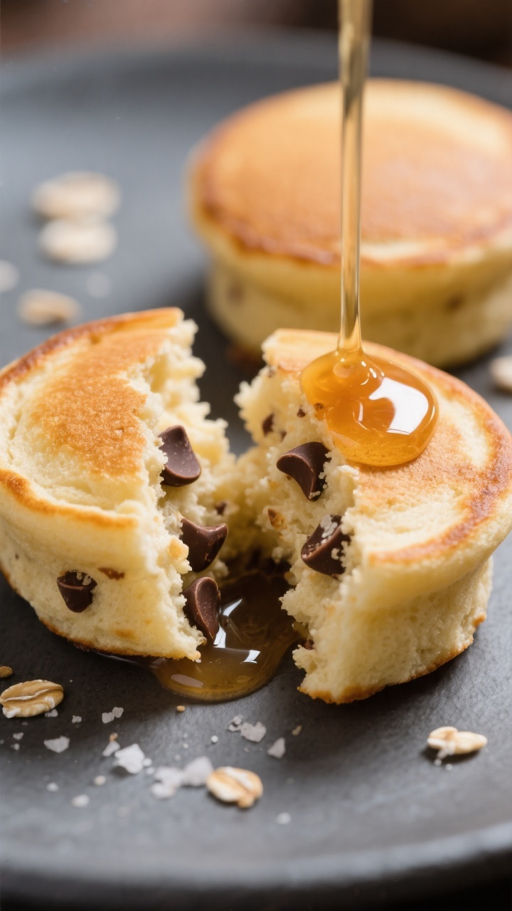 Close-up detail: Freshly baked Protein Pancake Bites torn open to reveal tender, fluffy interior wit