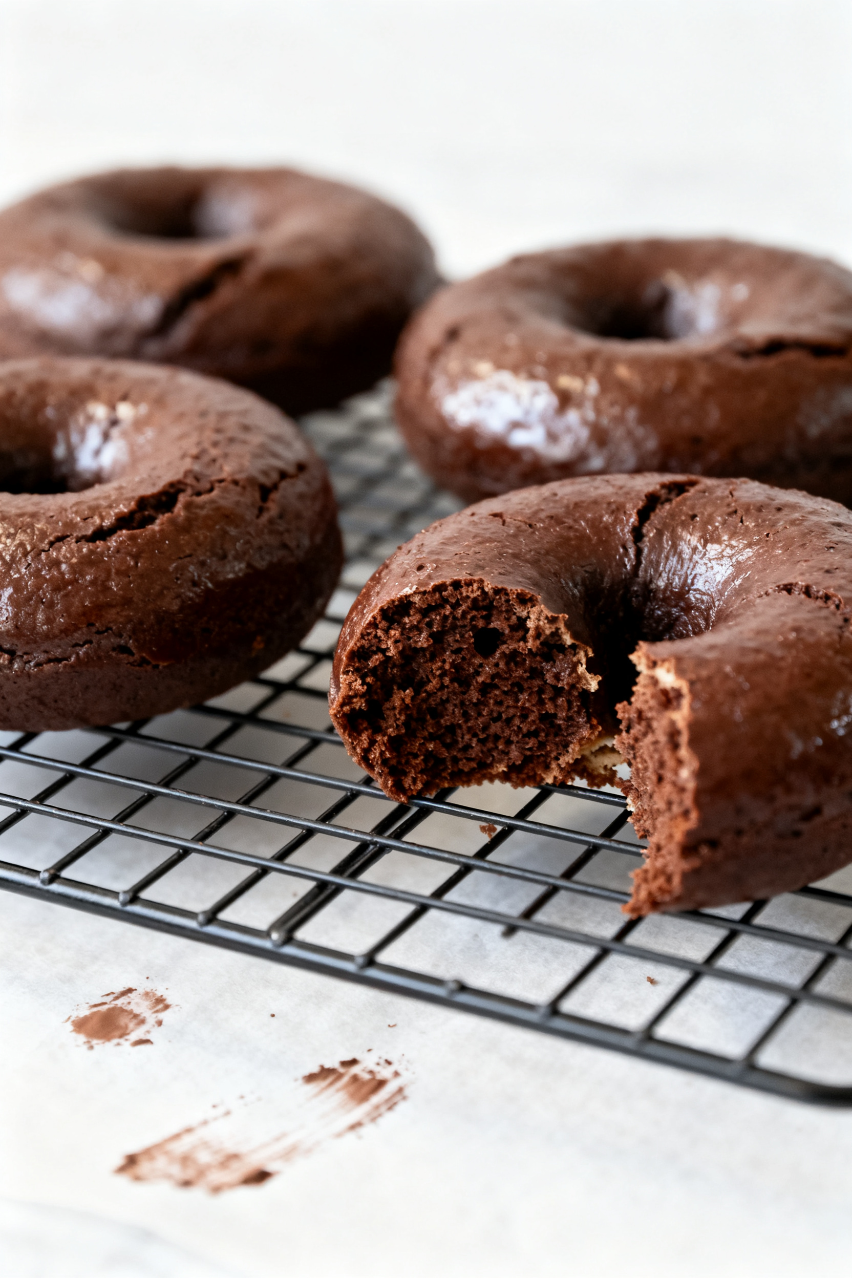 Close-up detail: Freshly baked sugar-free chocolate donuts just out of the pan cooling on a wire rac